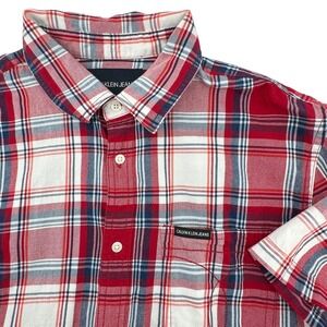 Calvin Klein Jeans Plaid Flannel Short Sleeve Button Down Shirt Mens Large Red
